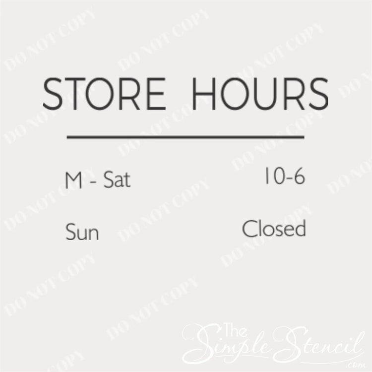 Close up of minimalist store hours vinyl decal for storefront business display 

