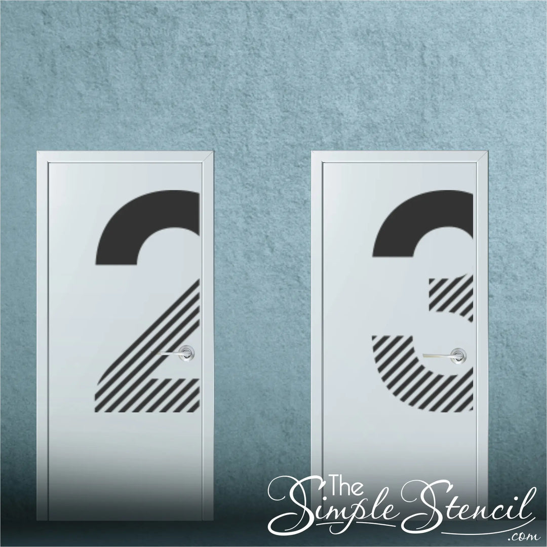 Side-by-side white doors with large black room numbers 2 and 3, showcasing clear wayfinding signage for a professional hallway.
