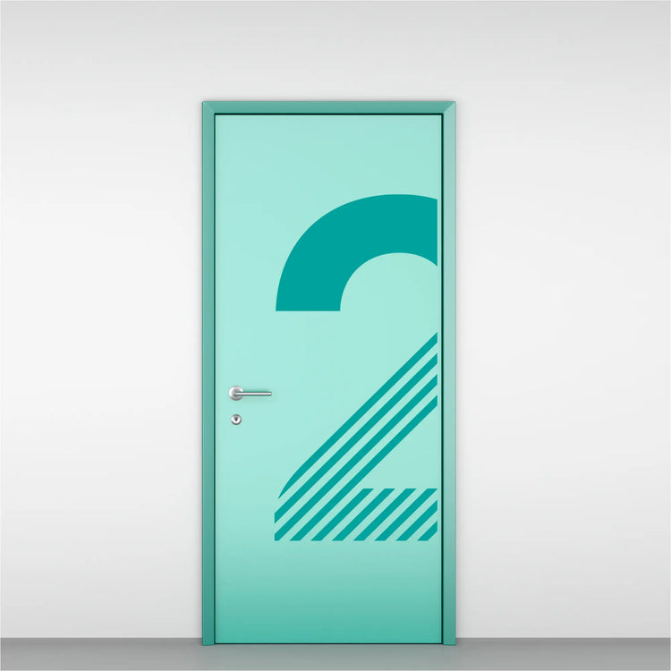 Bold teal striped number 2 decal centered on a modern commercial door, perfect for medical exam room labeling.