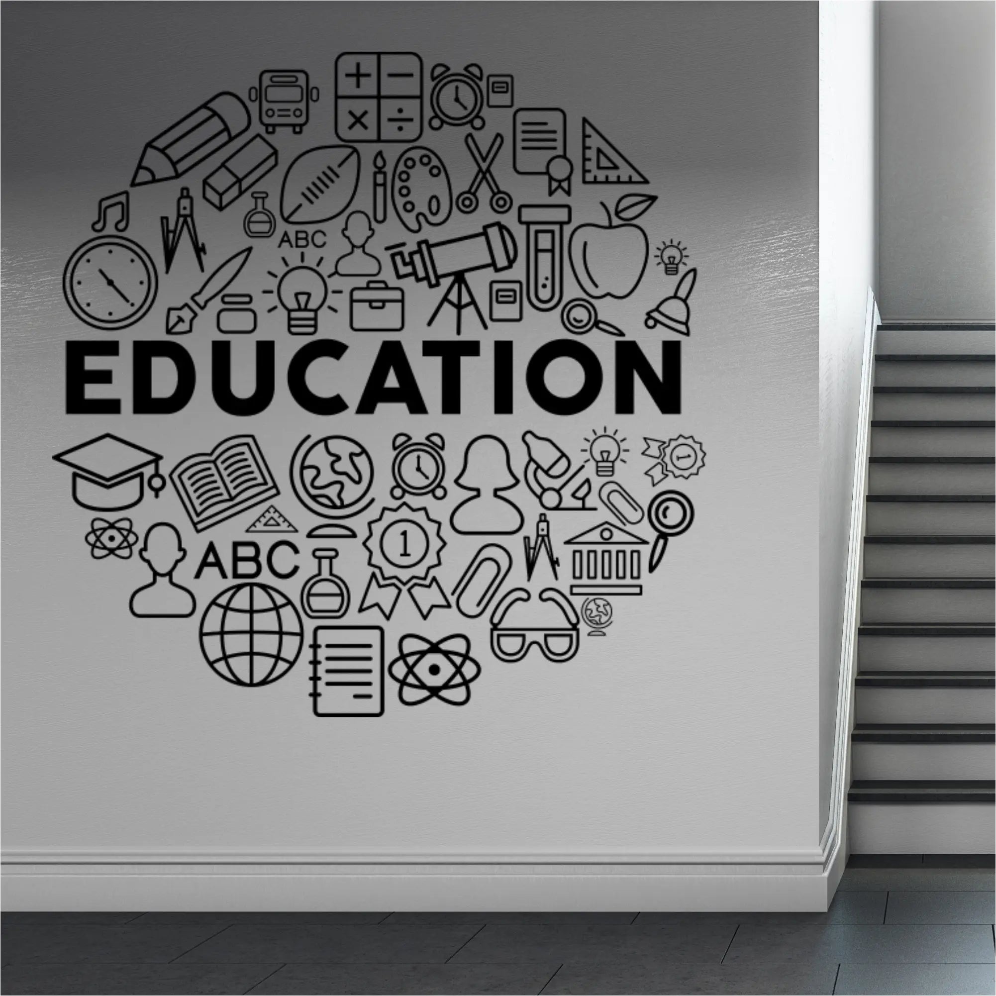 Black modern education circle wall decal featuring a circular arrangement of educational icons for schools