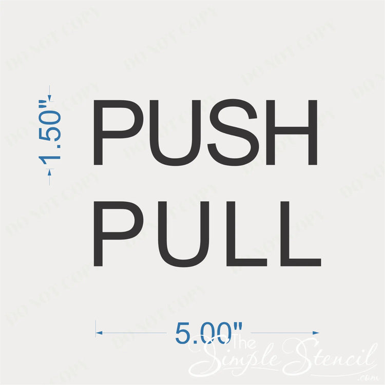 Shopify product dimensions diagram for custom vertical PUSH and PULL vinyl decal stickers, measuring 1.5 inches by 5 inches, in a clean black sans-serif font for business storefront doors.