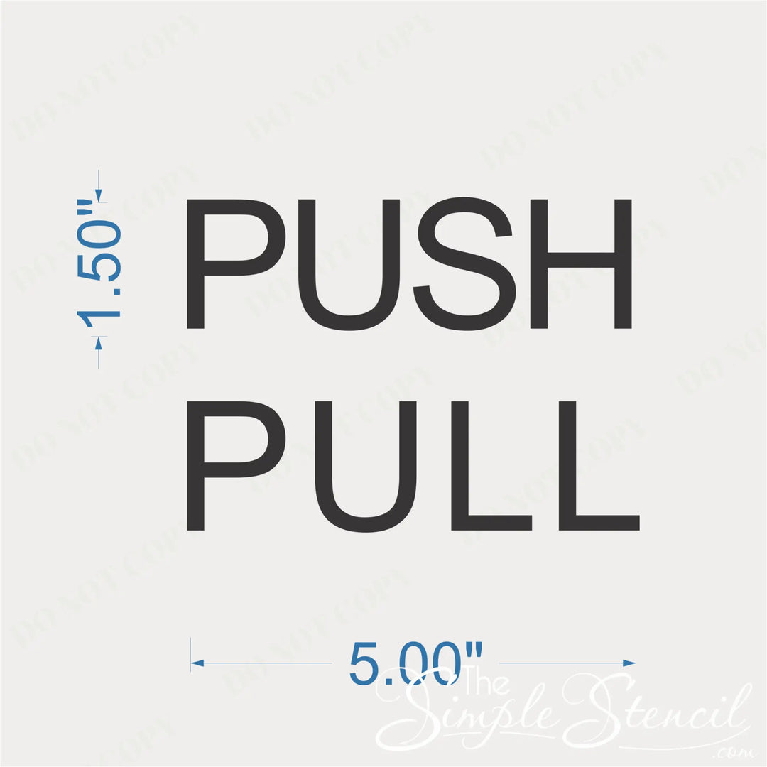 Shopify product dimensions diagram for custom vertical PUSH and PULL vinyl decal stickers, measuring 1.5 inches by 5 inches, in a clean black sans-serif font for business storefront doors.