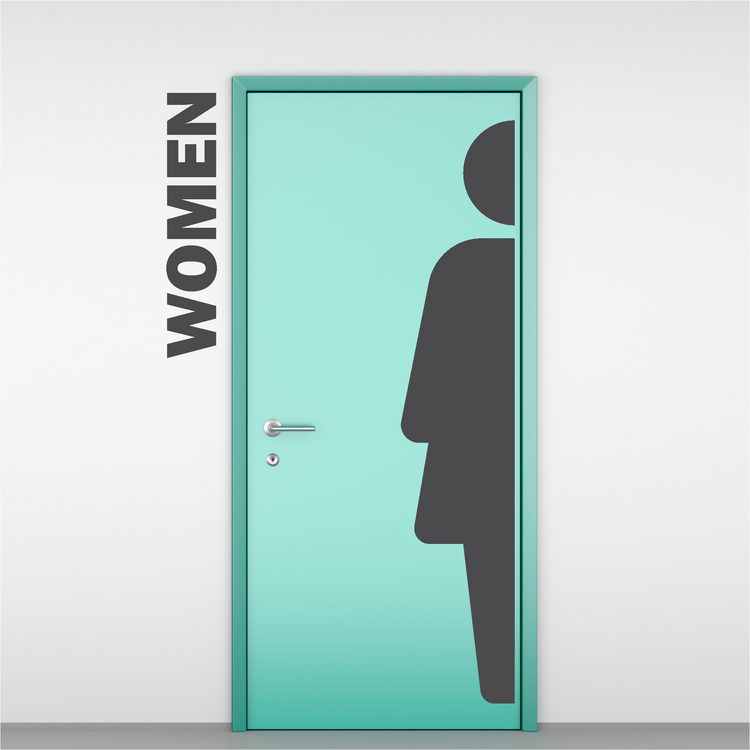 Modern women's restroom door decal: a large female silhouette on a teal door with the word WOMEN on the wall beside it