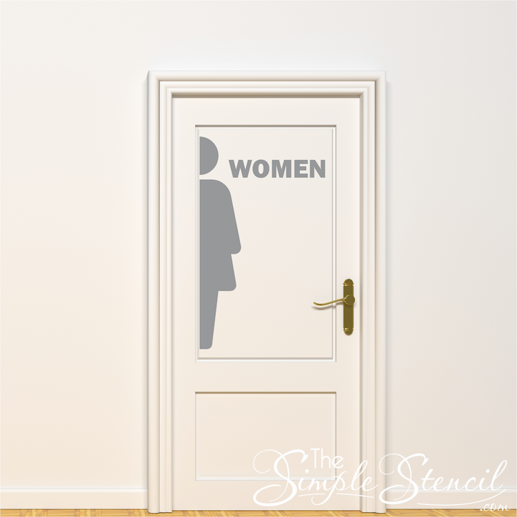 Elegant restroom door sign displaying a graceful female silhouette crafted from light grey vinyl adhesive for a subtle look.. The word "WOMEN" shown installed next to figure.