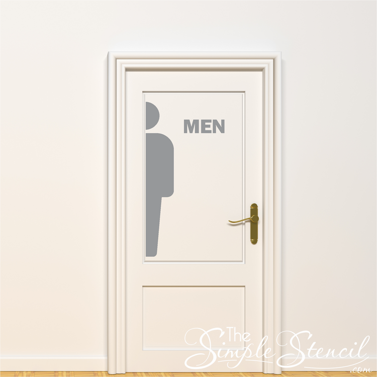 Sophisticated restroom door sign featuring a sleek male silhouette cut from light grey vinyl. The word "MEN" appears in a stylish easy to read font.