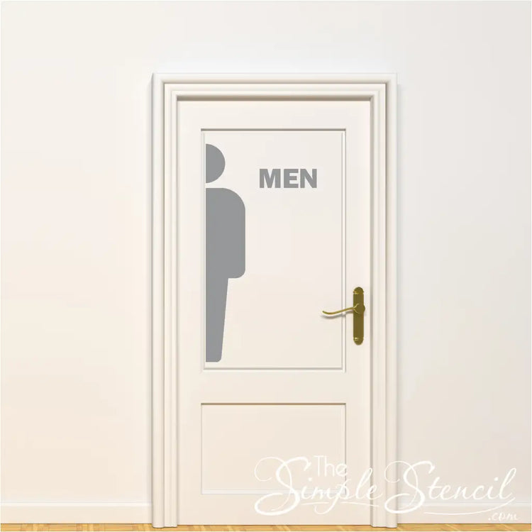 Sophisticated restroom door sign featuring a sleek male silhouette cut from light grey vinyl. The word "MEN" appears in a stylish easy to read font.
