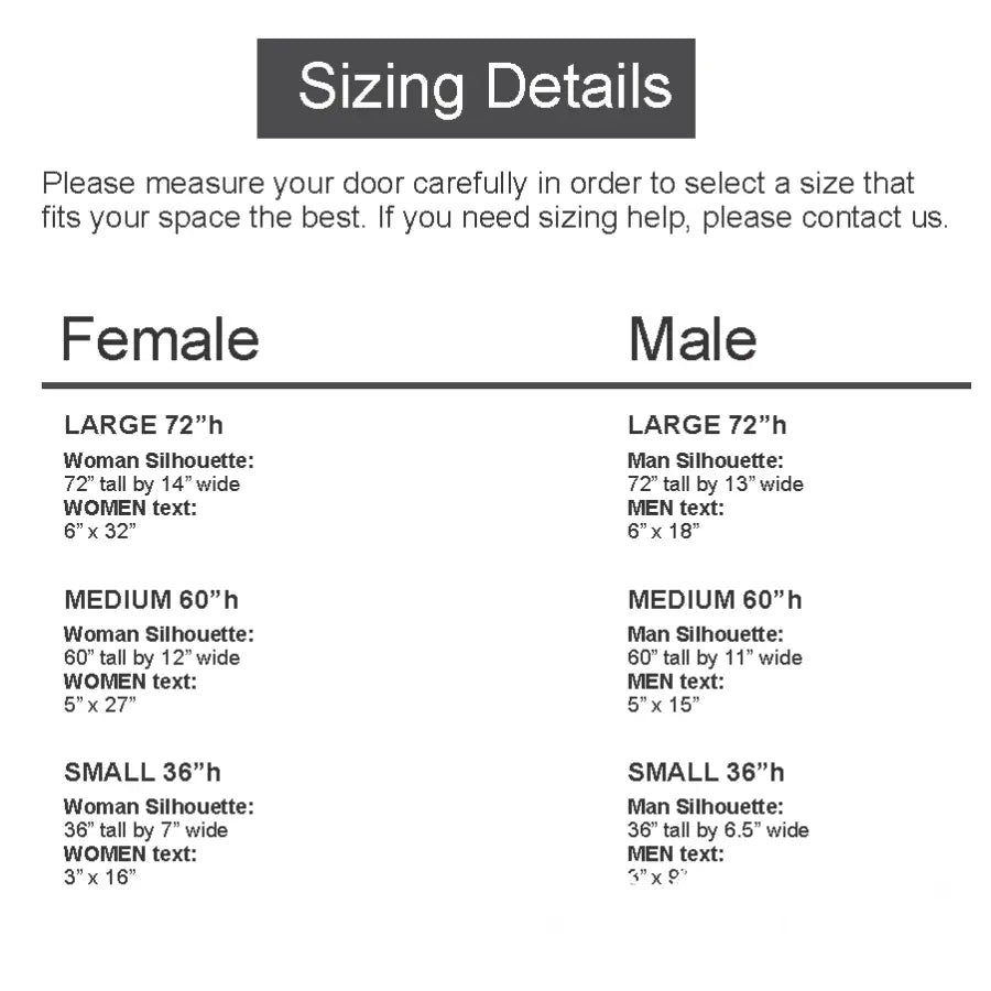 Sizing details for custom restroom door sign decals by The Simple Stencil 