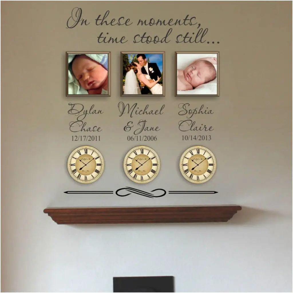 A beautiful way to celebrate the moments in your life that made time stand still... the birth of a child, the day of your marriage, etc.  Add a picture and/or clock next to each event and create a beautiful wall display your family will love. By The Simple Stencil