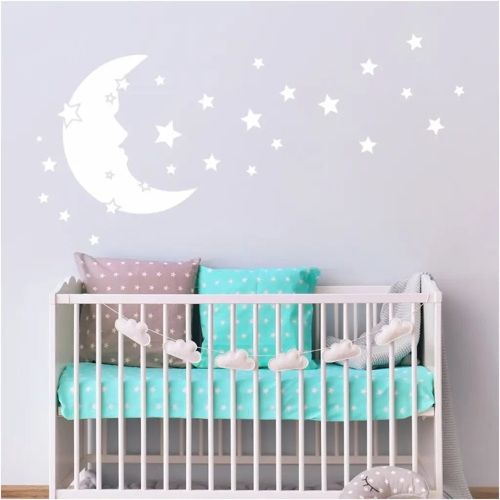 Moon and Stars easy to install premium vinyl wall decals look adorable when placed on wall in child's room, playroom or baby nursery wall. By The Simple Stencil