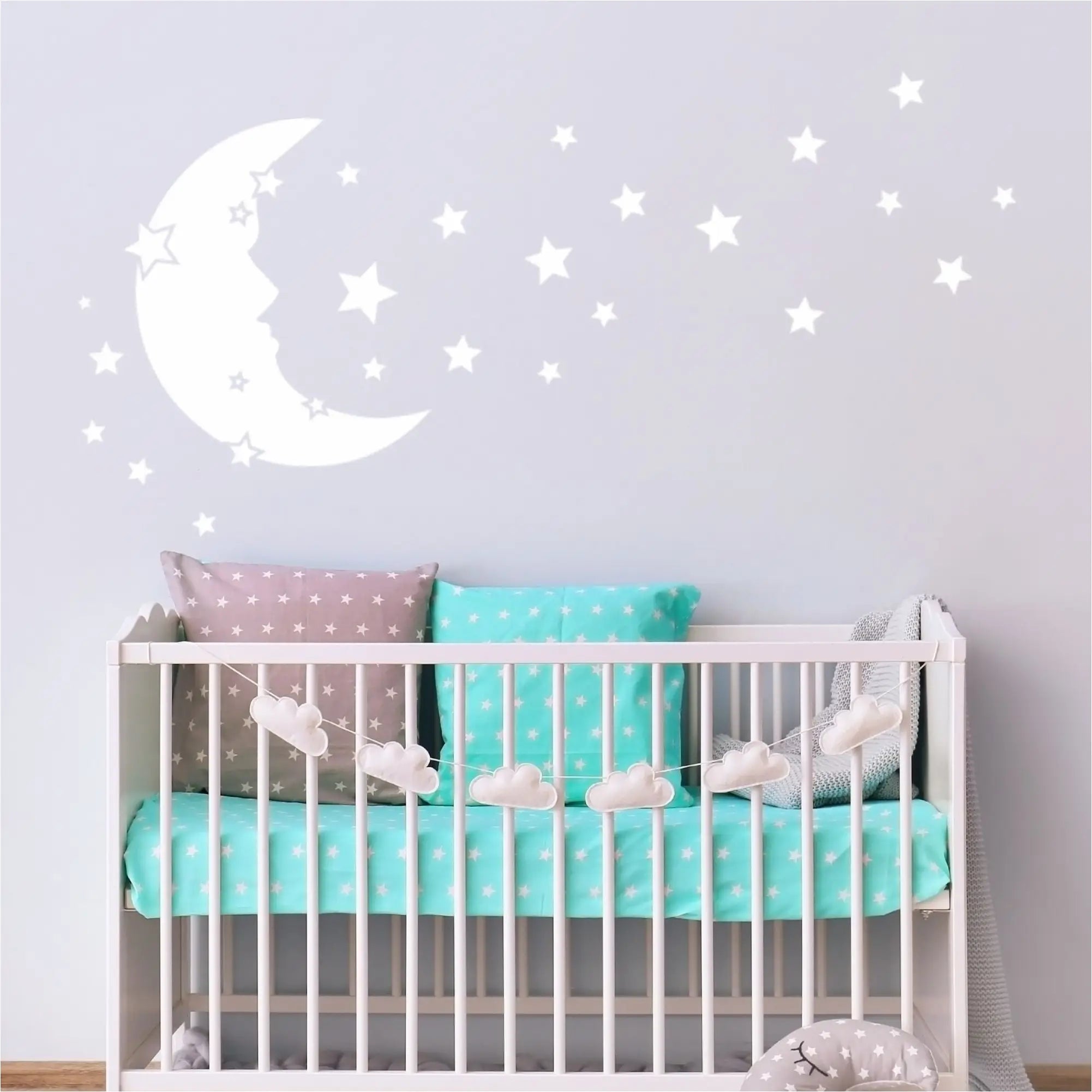 Moon and Stars easy to install premium vinyl wall decals look adorable when placed on wall in child's room, playroom or baby nursery wall. By The Simple Stencil