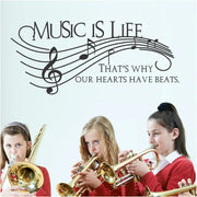 Music is life, that's why our hearts have beats. A large vinyl wall decal for display in a music room, band room, etc. 