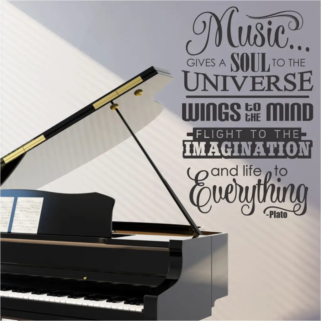 Creative vinyl wall decal display using Simple Stencils for your Music room. This decal reads: Music gives a soul to the universe, wings to the mind, flight to the imagination and life to everything. - Plato