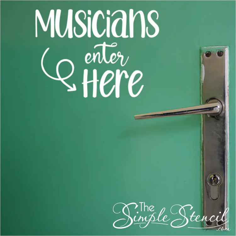 High-quality "Musicians Enter Here" vinyl decal in a customizable color decorates a music teacher's office door, offering a clear yet stylish way to welcome students and musicians. 