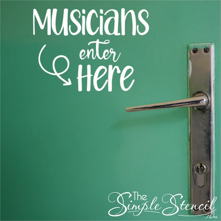 High-quality "Musicians Enter Here" vinyl decal in a customizable color decorates a music teacher's office door, offering a clear yet stylish way to welcome students and musicians. 