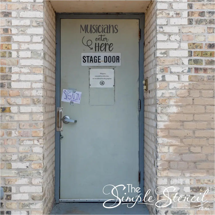 Durable "Musicians Enter Here" vinyl decal displayed on a backstage door at a performance venue, clearly guiding musicians to their entry point and adding a touch of musical personality.