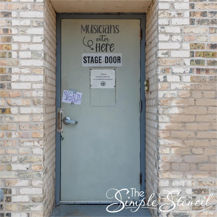 Durable "Musicians Enter Here" vinyl decal displayed on a backstage door at a performance venue, clearly guiding musicians to their entry point and adding a touch of musical personality.