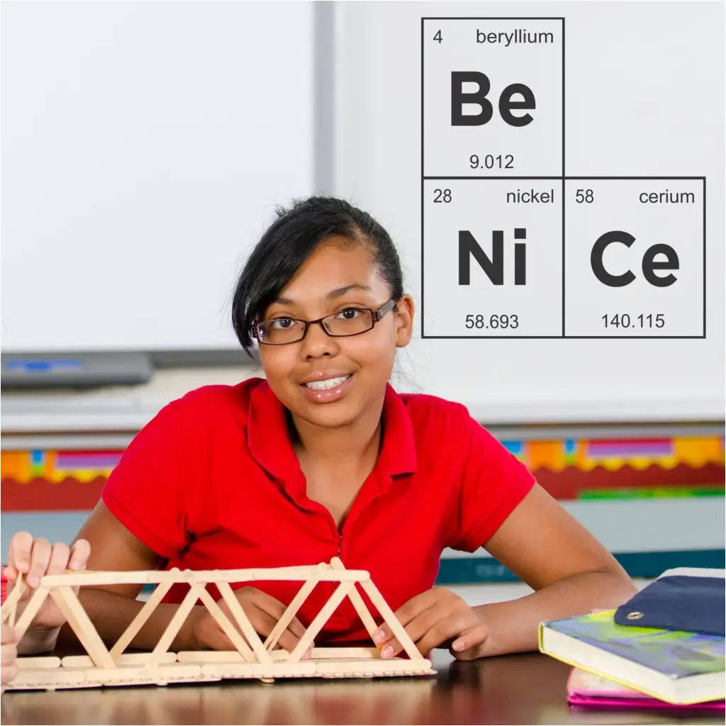 A colorful "Be NiCe" periodic table wall decal displayed on a classroom wall with student in a science classroom. By The Simple Stencil