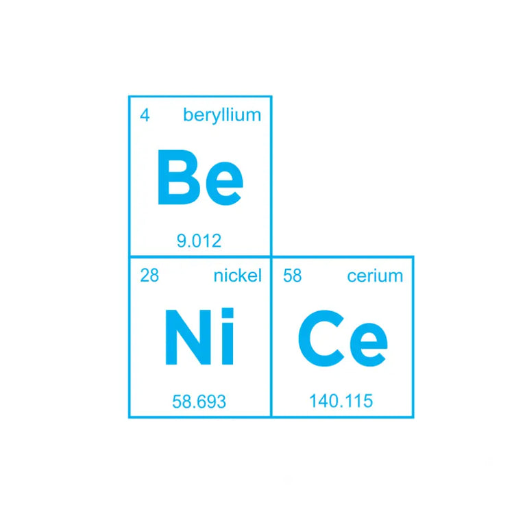 Close-up of a colorful "Be NiCe" periodic table decal with a focus on the element names and symbols replacing the traditional scientific notation.