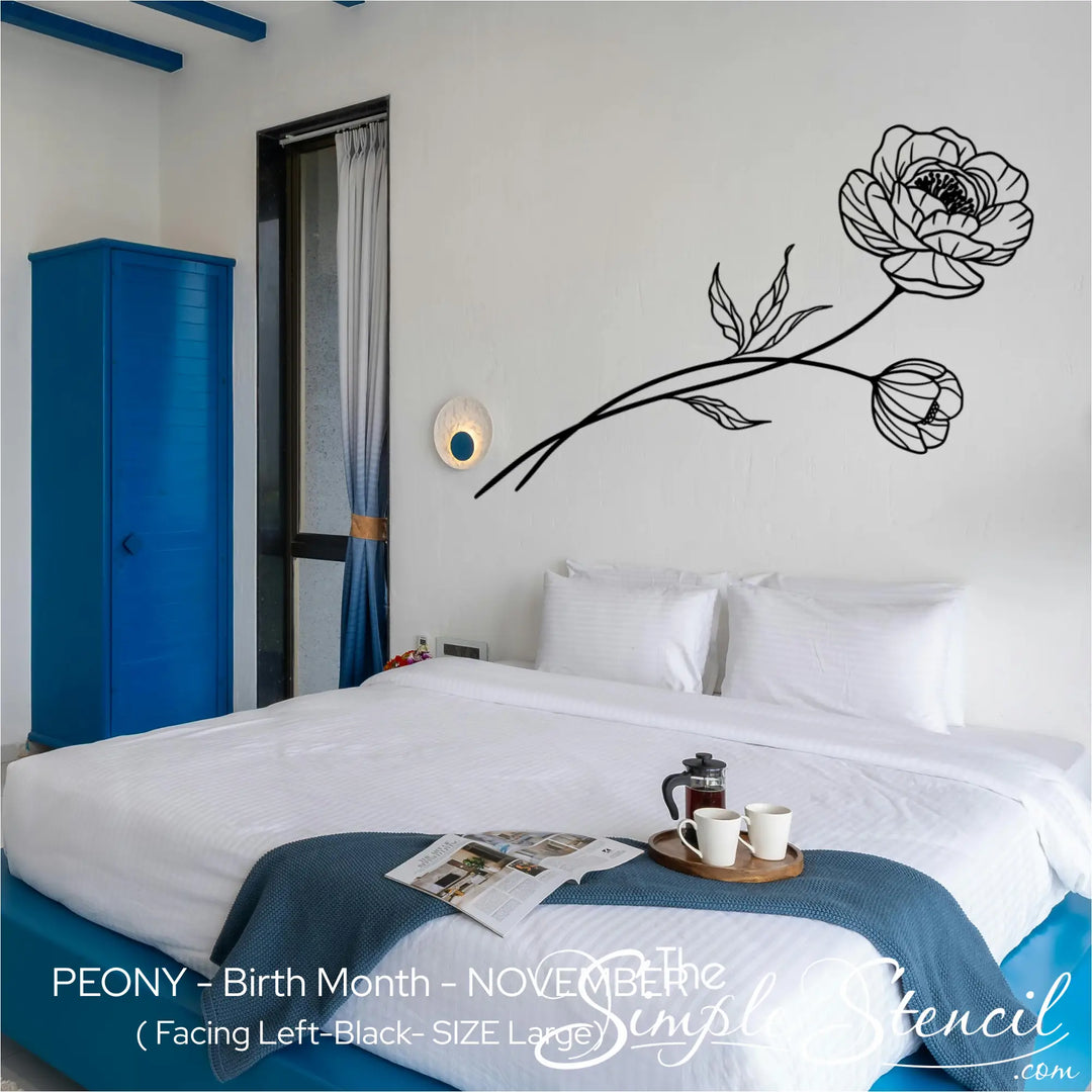 Large black Peony botanical mural applied diagonally on a white bedroom wall, creating a romantic focal point above the bed.
