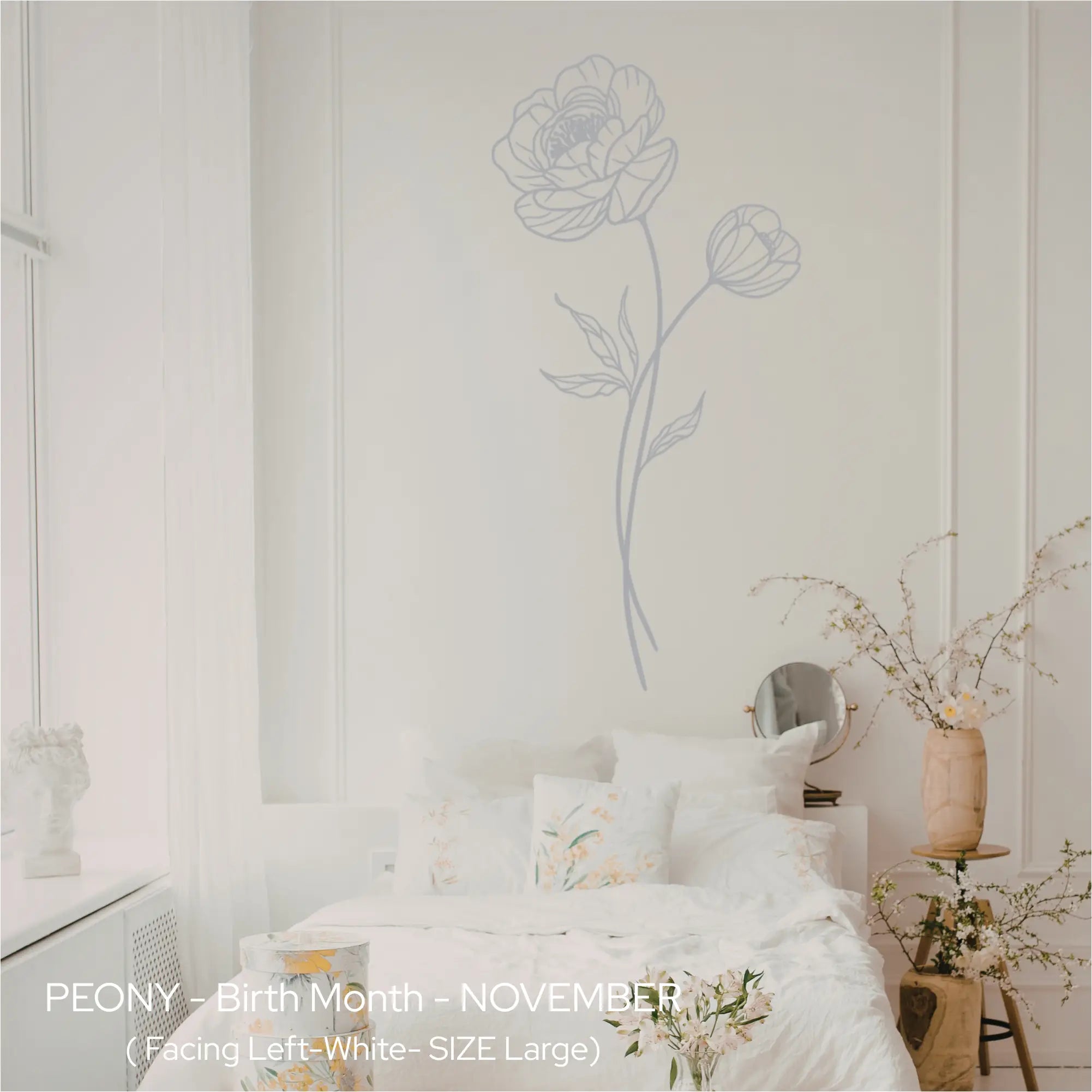 A vertical grey Peony botanical mural applied to a minimalist white bedroom wall, evoking a sense of "Quiet Luxury" and peace.