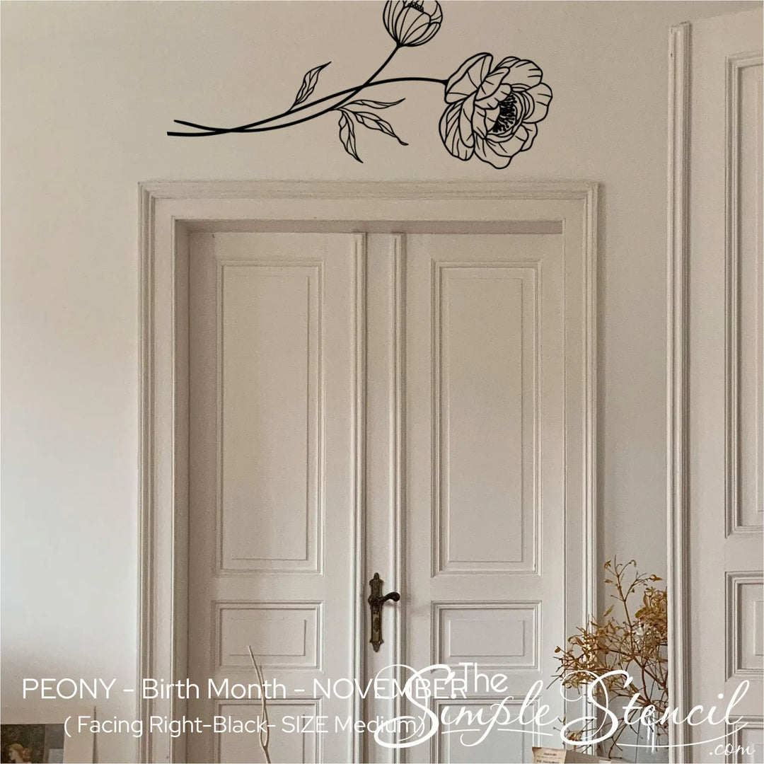 Black Peony birth flower mural applied horizontally over a white French doorway for a sophisticated architectural accent.
