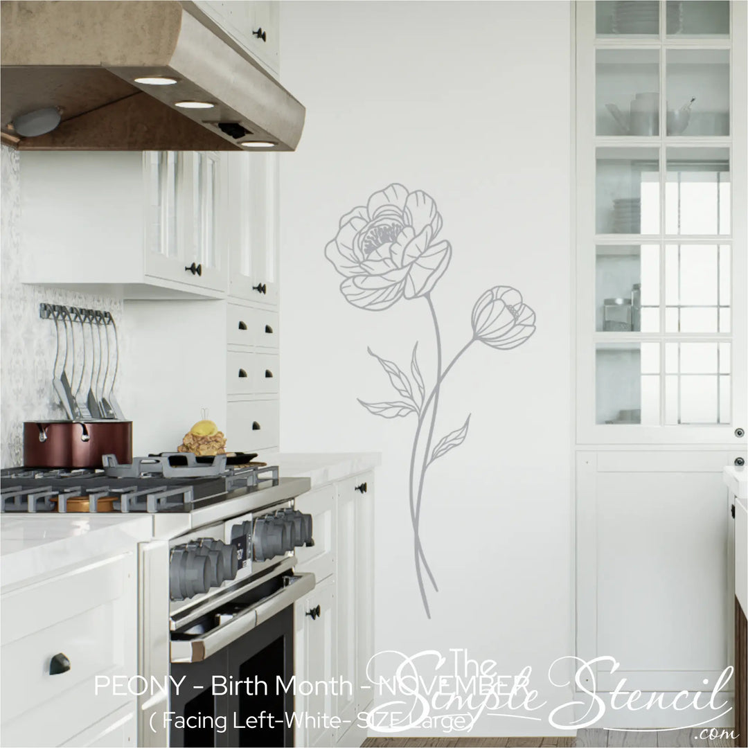 Soft grey Peony birth flower mural applied vertically in a modern white kitchen, adding an organic, biophilic touch to the space.