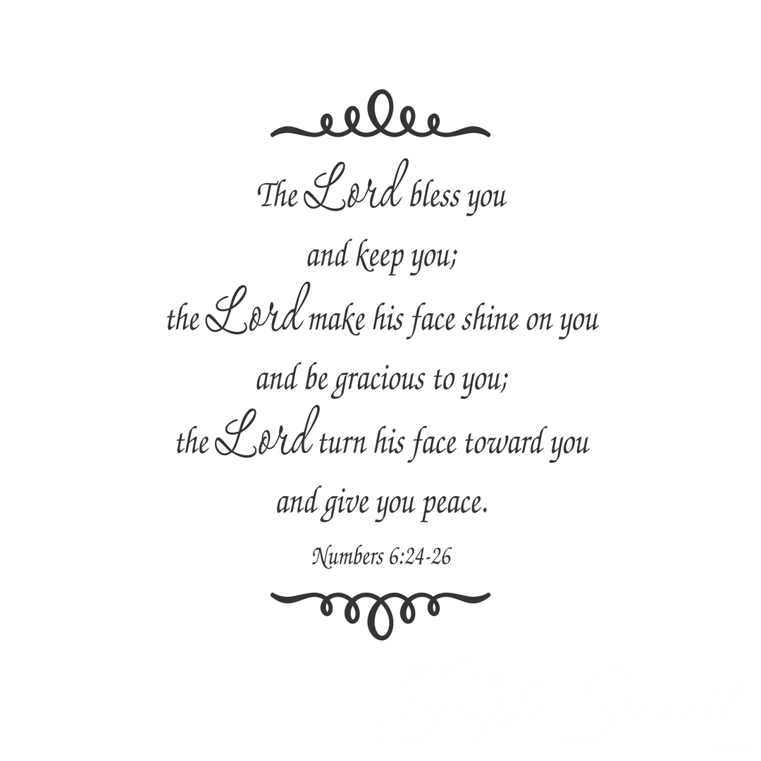Numbers 6:24-26 wall decal design: The Lord bless you and keep you, in black script with decorative scroll accents