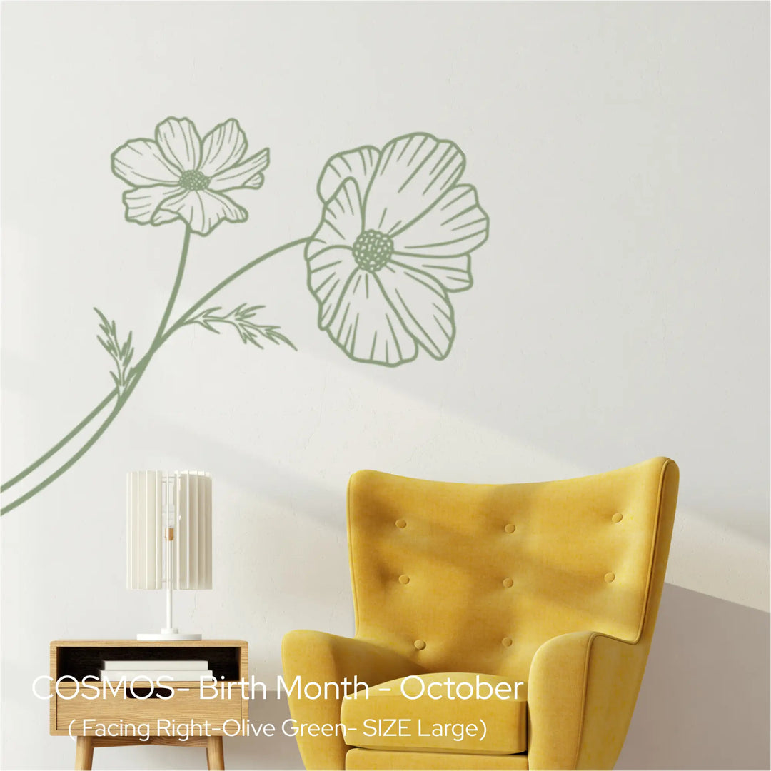 Soft olive green Cosmos botanical silhouette applied vertically next to a bright yellow armchair for a fresh, biophilic look.