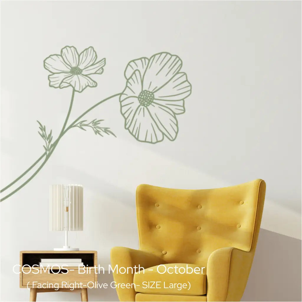 Soft olive green Cosmos botanical silhouette applied vertically next to a bright yellow armchair for a fresh, biophilic look.