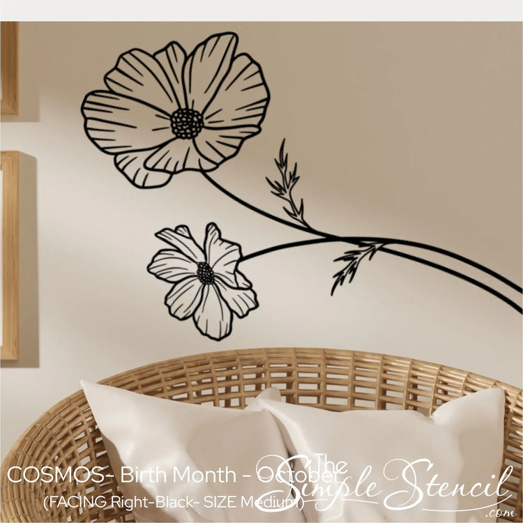 Medium black Cosmos birth flower silhouette applied in a cozy reading nook near a wicker chair for a sense of visual harmony.