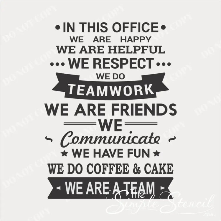 Office wall decor featuring motivational phrases like teamwork, communication, and fun.