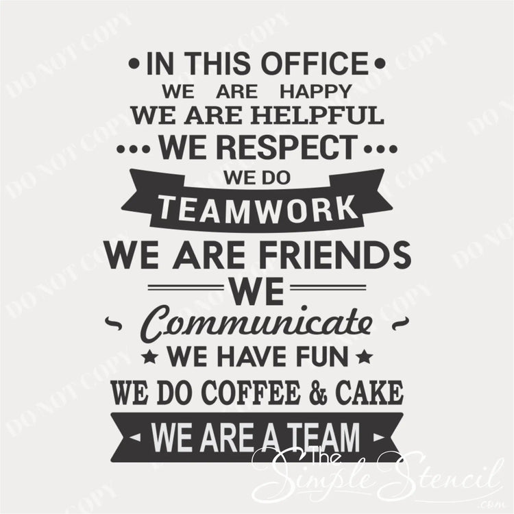 Office wall decor featuring motivational phrases like teamwork, communication, and fun.