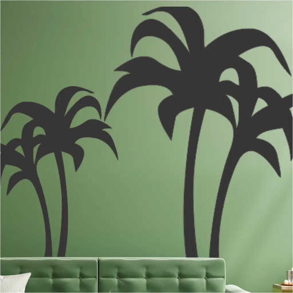 Large swaying palm tree vinyl wall decal in a living room with beach-themed decor.