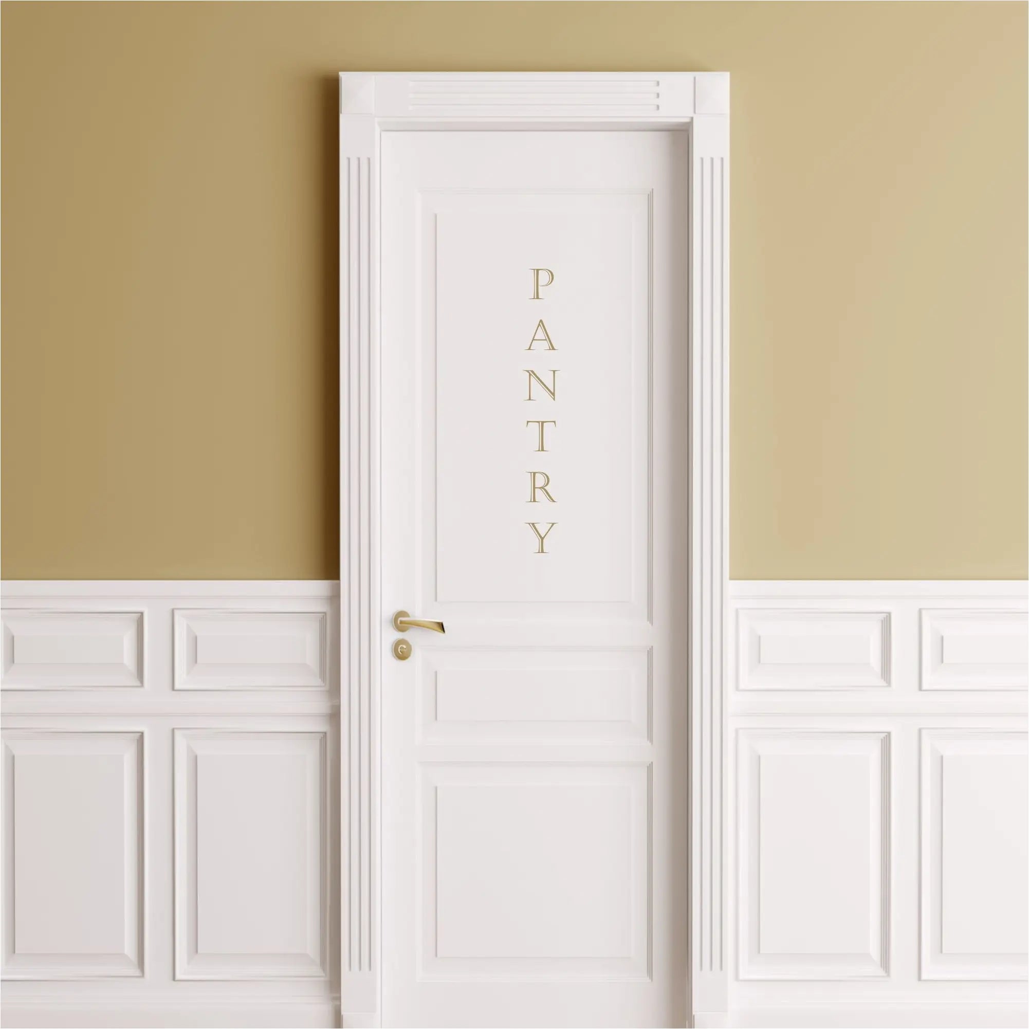 Vertical Style Pantry Door Decal applied to a pretty white door in a neutral color makes finding the kitchen essentials easy!