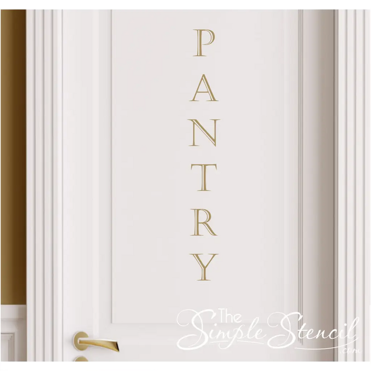Close up of a pretty PANTRY door decal by The Simple Stencil showing the charming by simple lettering looks so elegant on a simple white door.
