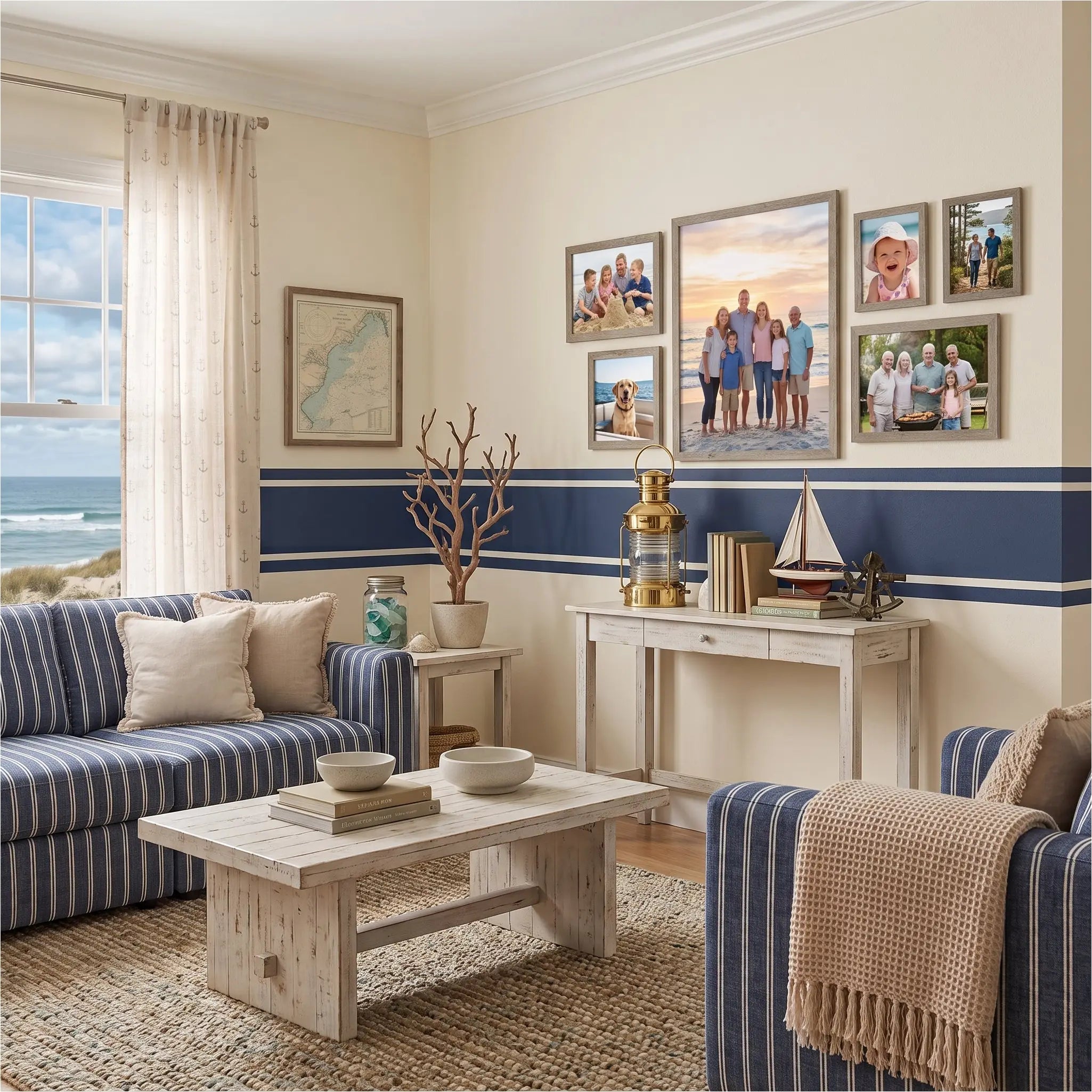 A styled living room with two blue-and-white striped sofas, a white wood coffee table, a window with ocean view, framed family photos on the wall, and a nautical-themed decor setup including a vinyl wall stripe decal to complete the look.