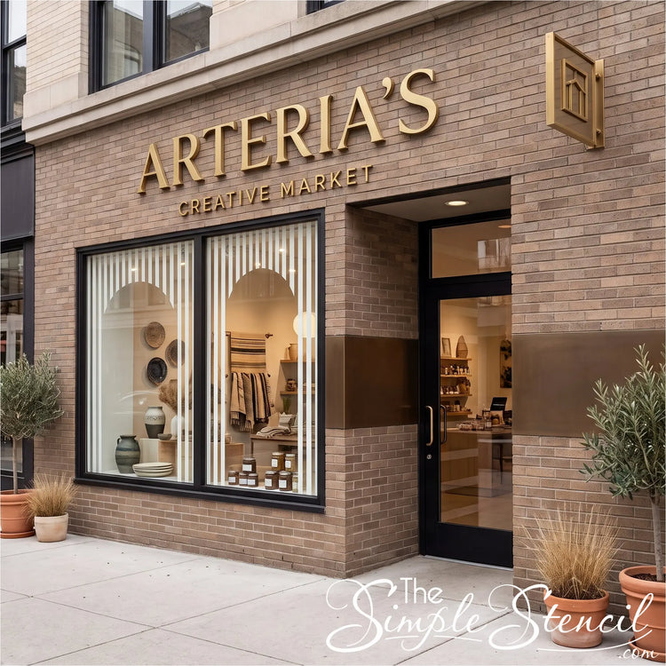 Arteria's Creative Market storefront on a brick building, featuring large gold lettering, black-framed windows and door, and potted plants on the sidewalk. White striping on windows supplied by Simple Stencils to create a modern inviting storefront. 