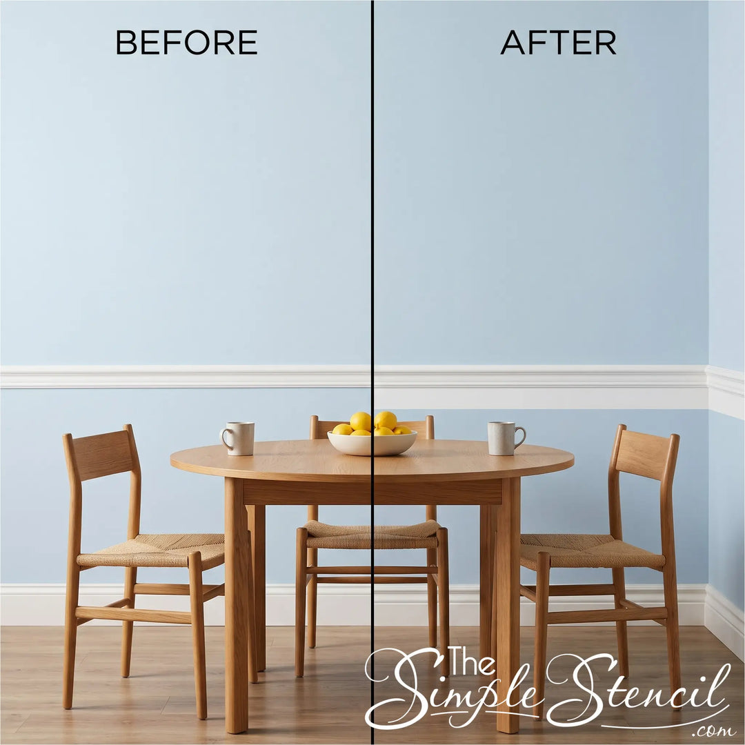 A split before-and-after comparison of a dining room wall, showing a white vinyl strip added below the chair molding to give it a more upscale look. Simple peel and stick application and removable. 