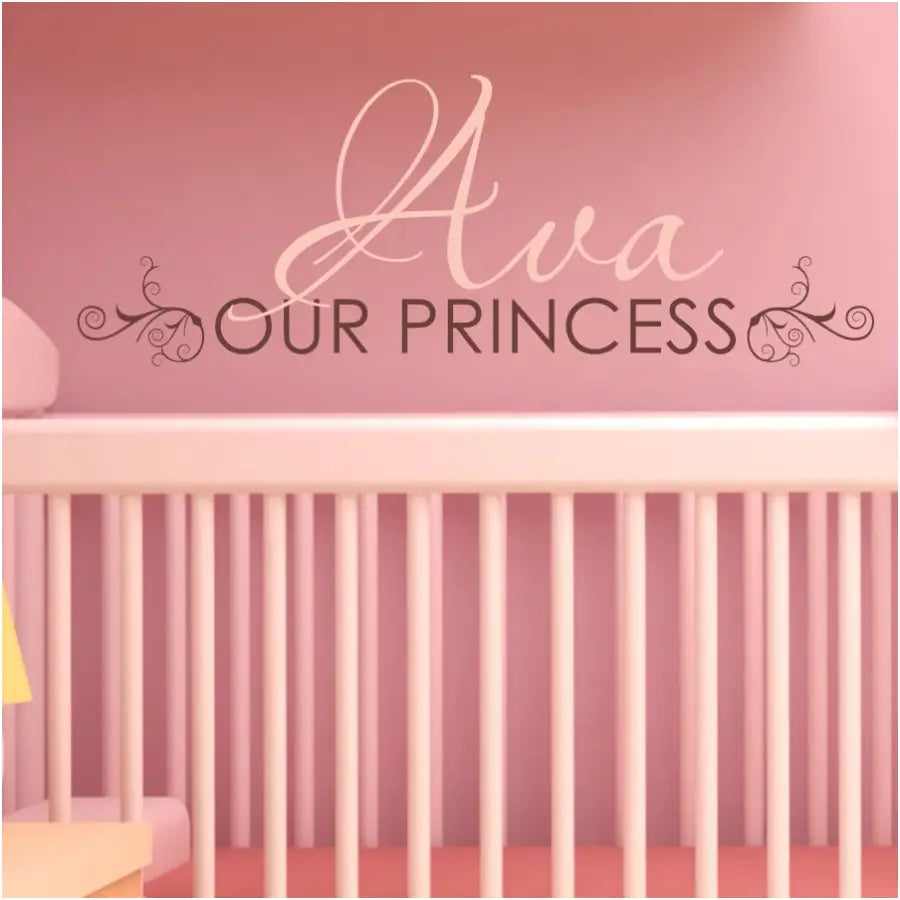 Adorable personalized wall monogram display for a child's room or baby girl's nursery that reads: Our Princess below your child's name and includes two flourishes on either end to add a fairytale element to the decor. 