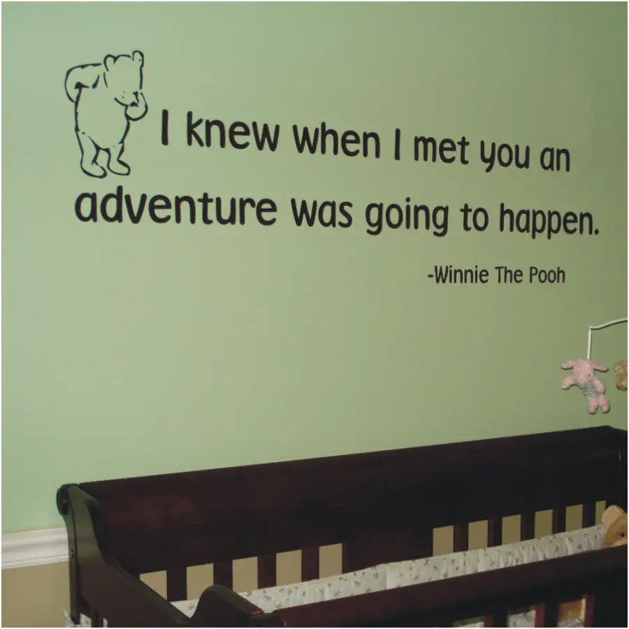 A super cute Winnie the Pooh inspired wall decal for baby nursery or kids room that reads: I knew when I met you an adventure was going to happen. ~Winnie the Pooh