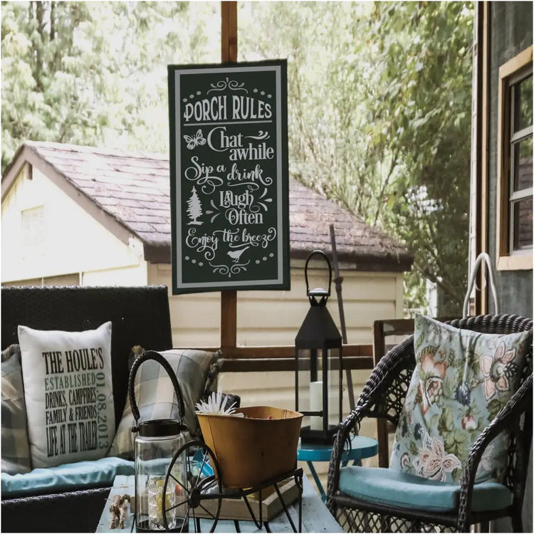 Porch Rules vinyl wall decal by The Simple Stencil can be applied to a wall but also looks great when applied to a wood plank or sign that can be moved around the porch as needed. 