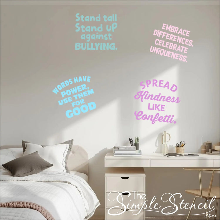 Pastel blue and lavender inspirational quote decals for a teen girl's bedroom wall decor above a white desk and bed.