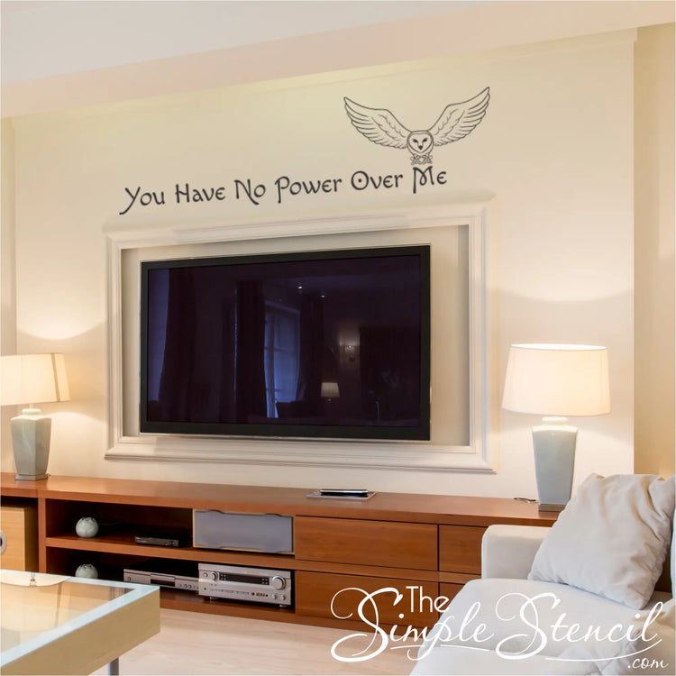 "You Have No Power Over Me" Labyrinth quote wall decal decorating a living room wall, surrounded by stylish décor.
