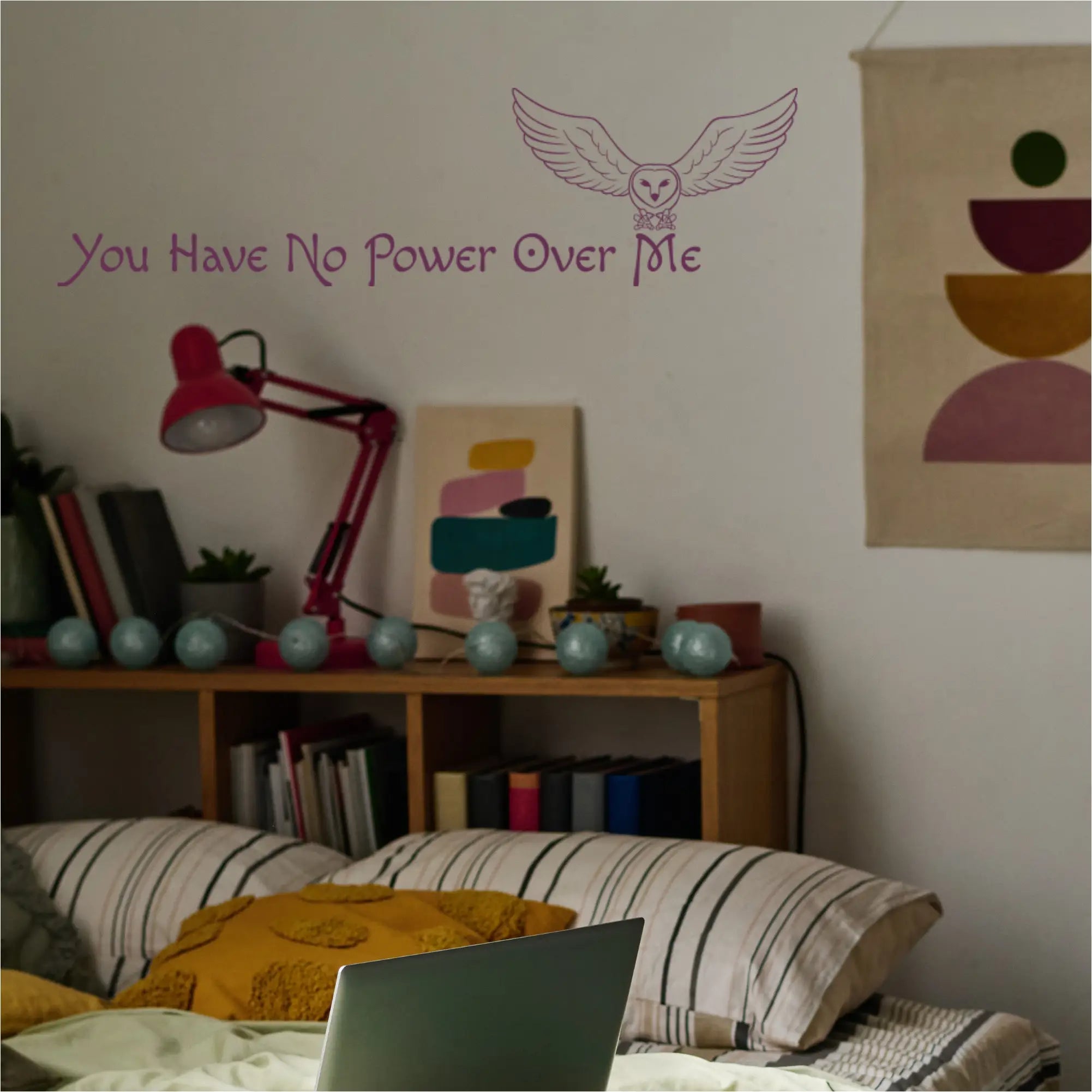 "You Have No Power Over Me" Labyrinth quote wall decal with a stylish font and a mystical flying owl illustration.