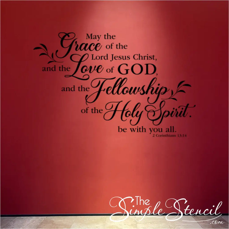 Striking black 2 Corinthians 13:14 decal on a bold red wall, designed to make a vibrant, high-impact statement in a contemporary church or auditorium.