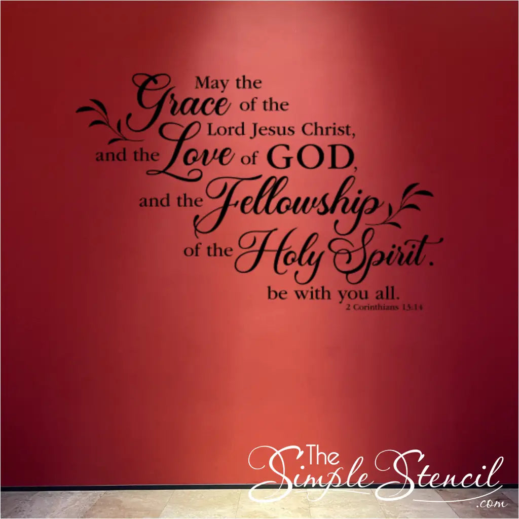 Striking black 2 Corinthians 13:14 decal on a bold red wall, designed to make a vibrant, high-impact statement in a contemporary church or auditorium.