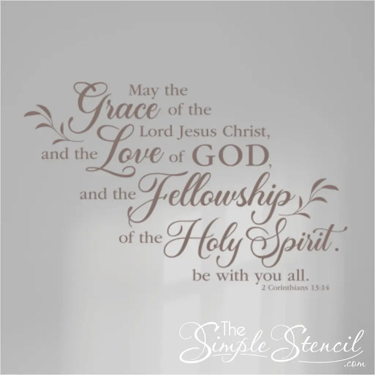 Matte taupe 2 Corinthians 13:14 decal on a soft grey background, showing the subtle, upscale color option for interior designers.