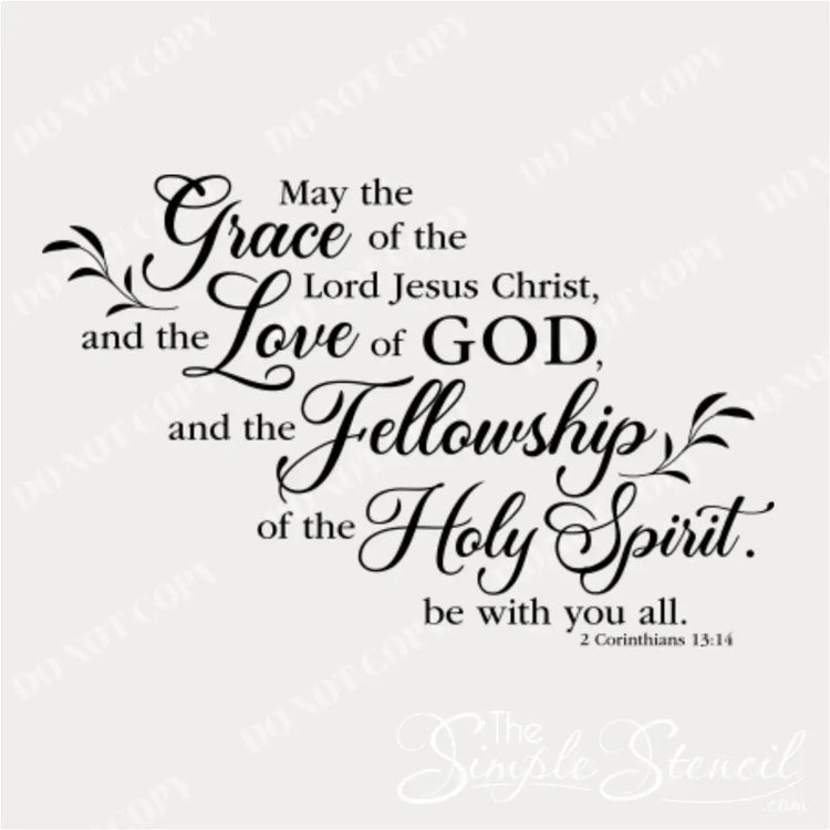 Close-up black graphic of the 2 Corinthians 13:14 decal, emphasizing the beautiful script and flourishes for "Grace" and "Holy Spirit."