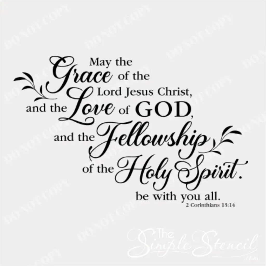 Close-up black graphic of the 2 Corinthians 13:14 decal, emphasizing the beautiful script and flourishes for "Grace" and "Holy Spirit."
