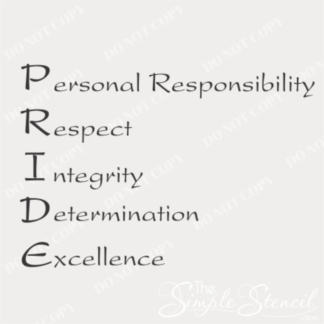 List of values including Personal Responsibility, Respect, Integrity, Determination, and Excellence on a light background.